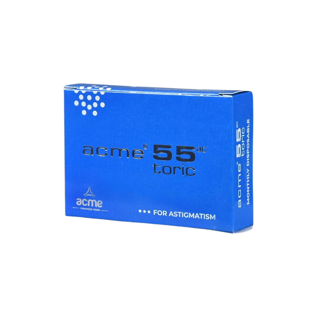 The packaging of the Optical Duniya Acme 55 Toric lenses with UV blocker, displaying the quantity.