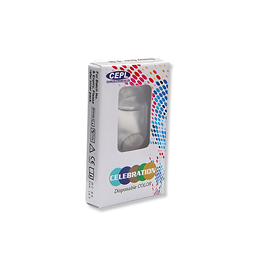A close-up of a single Celebration Monthly Disposable Color Contact Lens from Optical Duniya in its packaging.