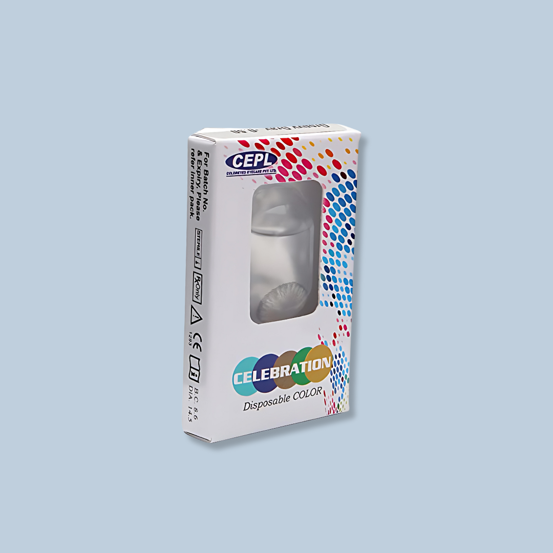 A vibrant blue Celebration Monthly Disposable Color Contact Lens from Optical Duniya displayed against a white background.