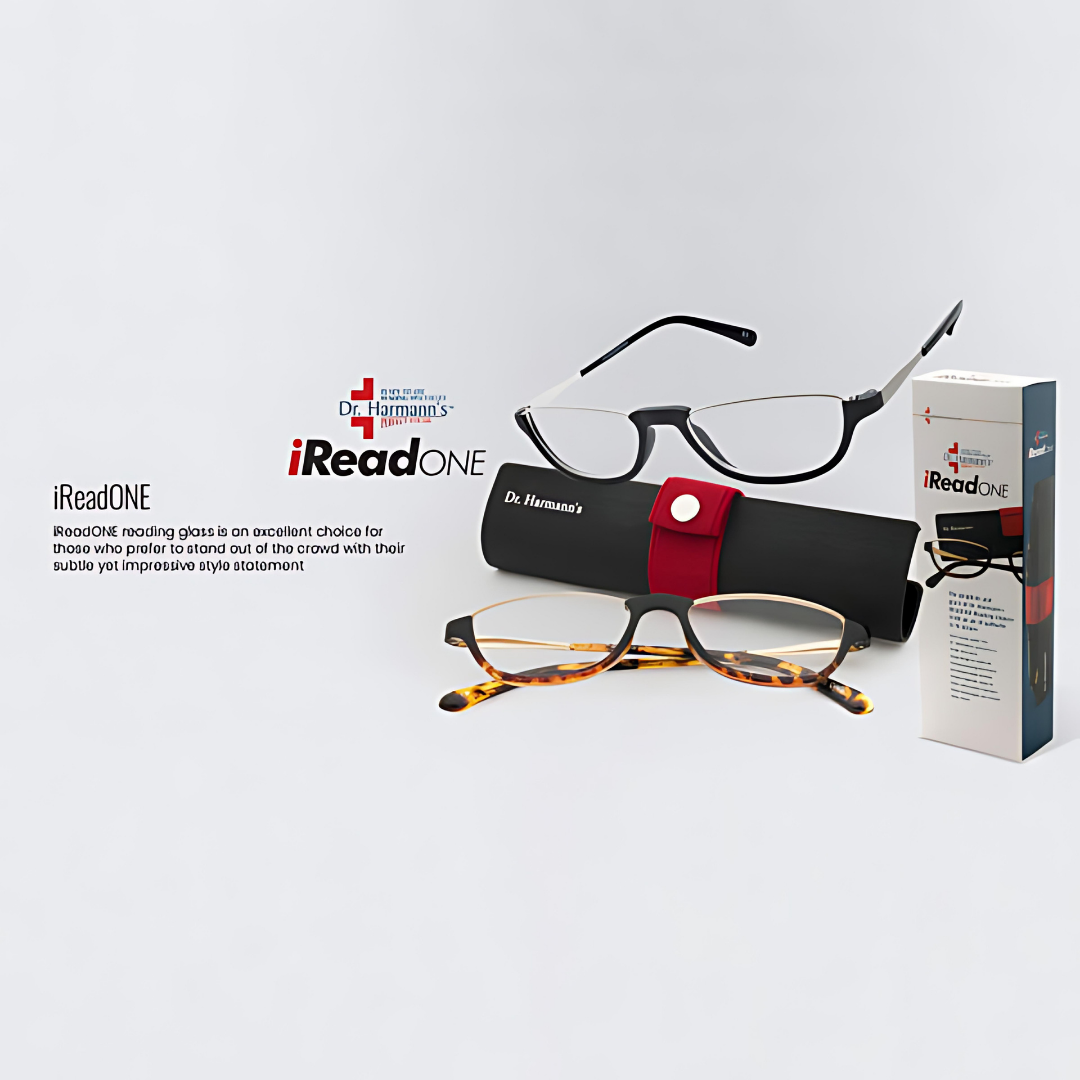  Dr. Harmann's iReadOne Reading glasses from Optical Duniya displayed in a stylish case for protection 
