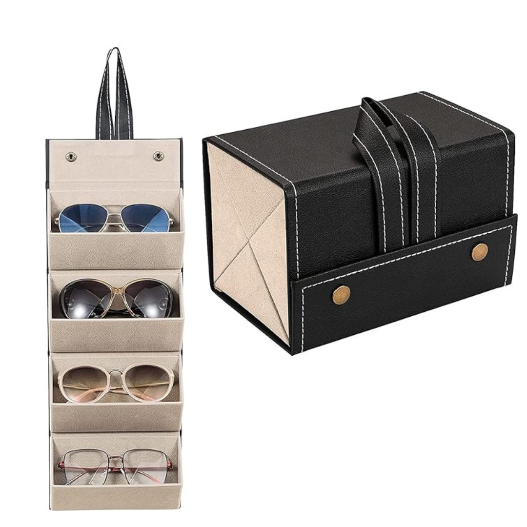 A hand opening the Optical Duniya Locker to reveal its interior compartments filled with sunglasses.